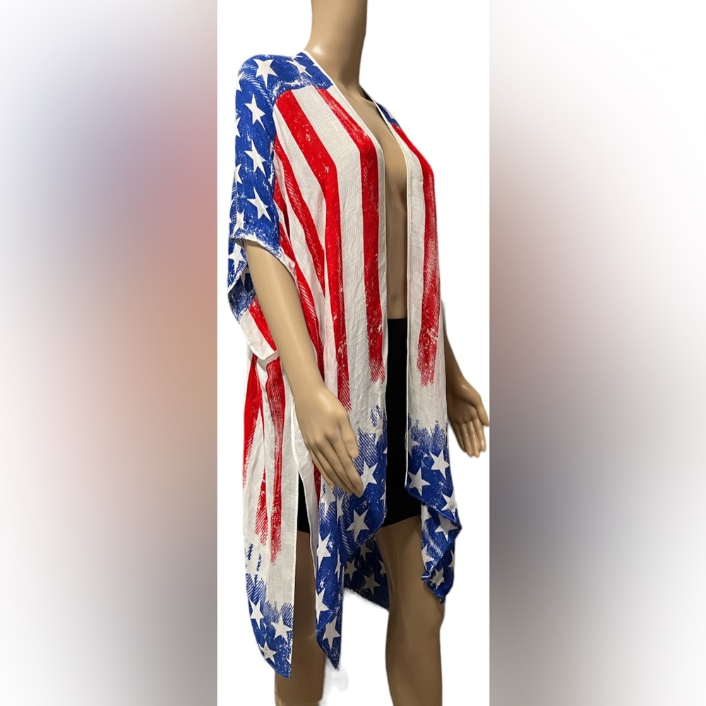 NWT Anna & Ava Open Front Kimono Stars Stripes Print White Blue Viscose One Size